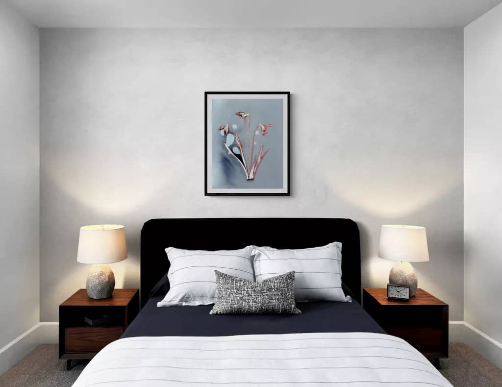 Beautiful Snowdrop Lumen Print in frame inside a bedroom by Alchemi Art