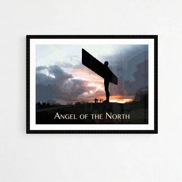 Angel of the North Art Illustration Print by Alchemi Art framed in black with plain wall behind