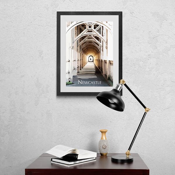 Newcastle High Level Bridge Travel Art Style Poster by Alchemi Art framed above desk