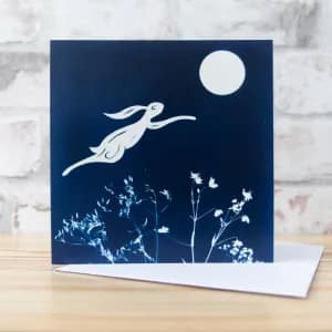 Leaping Hare and Moon Square Greeting Card by Alchemi Art
