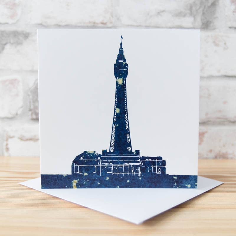 Blackpool Tower Cyanotype Greeting Card by artist Mara Louvain and Alchemi Art