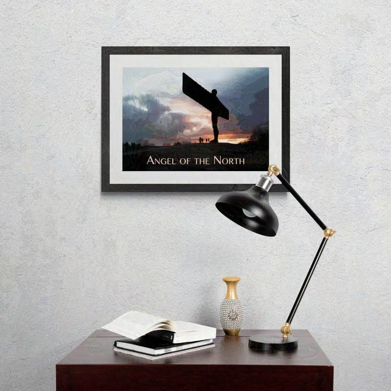 Angel of the North Art Illustration by Alchemi Art framed on a wall behind a small desk