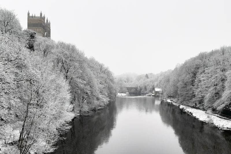 View of Durham Cathedral and the River Wear with snow in Winter by Mara Louvain Robinson